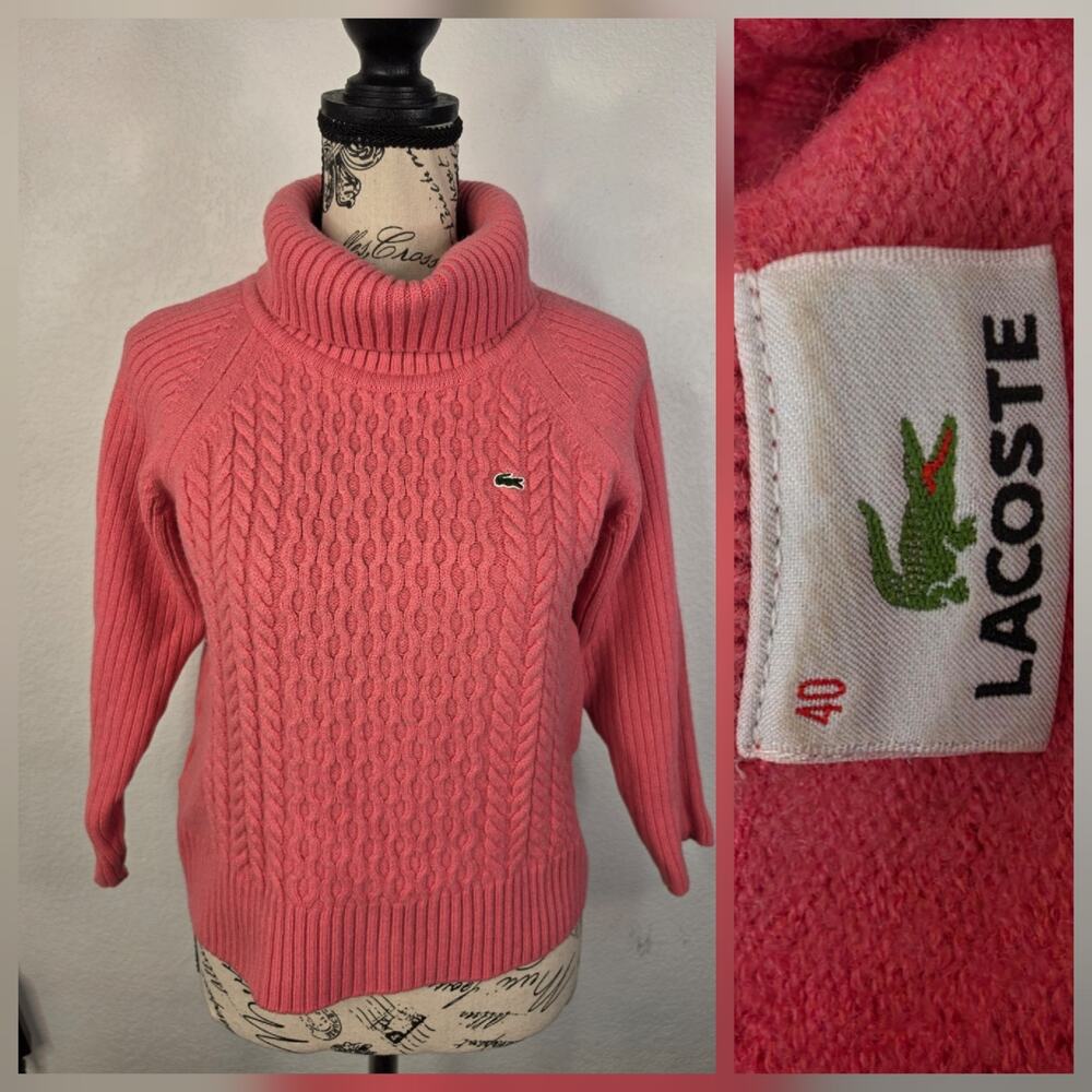 Lacoste Cable Knit Sweater Women 40 Semi Crop Pink Turtleneck Preppy Classic